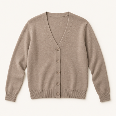 Illustrative taupe knit cardigan